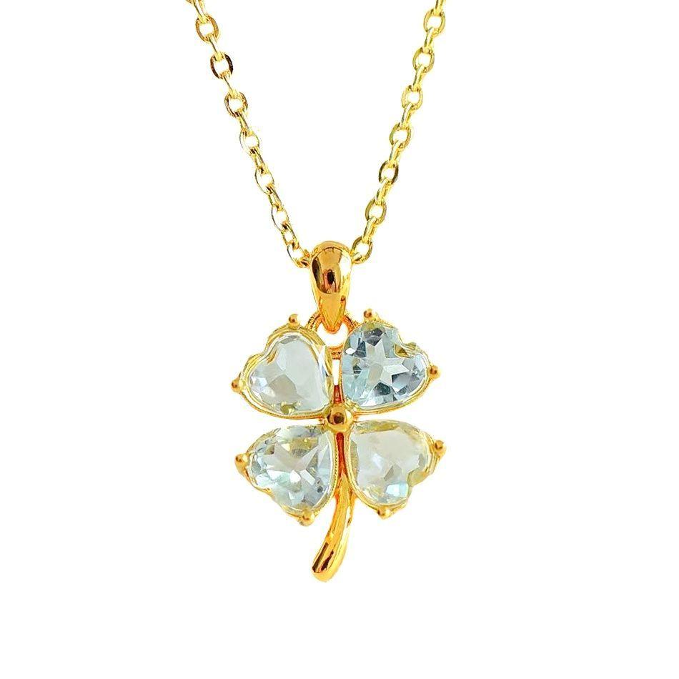 Cadena Eslabones Oro Amarillo 18k Colgante Trebol 4 Hojas Aquamarina-0