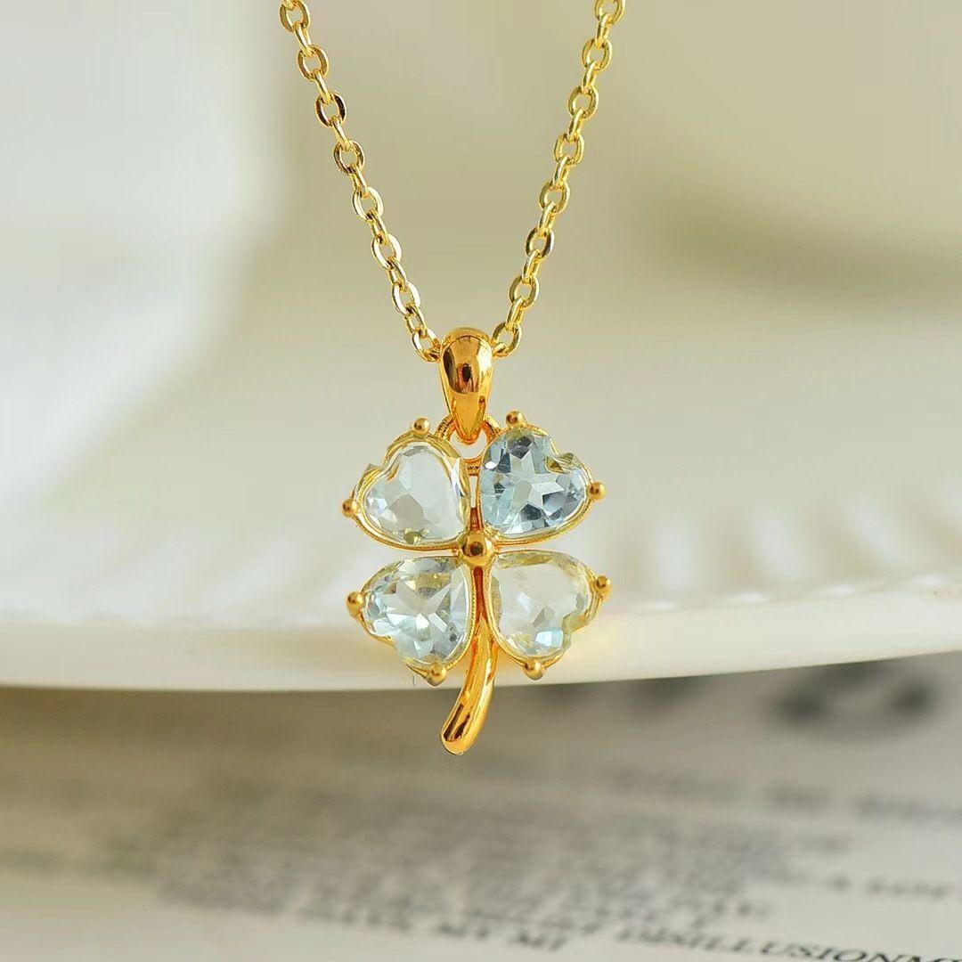 Cadena Eslabones Oro Amarillo 18k Colgante Trebol 4 Hojas Aquamarina-1