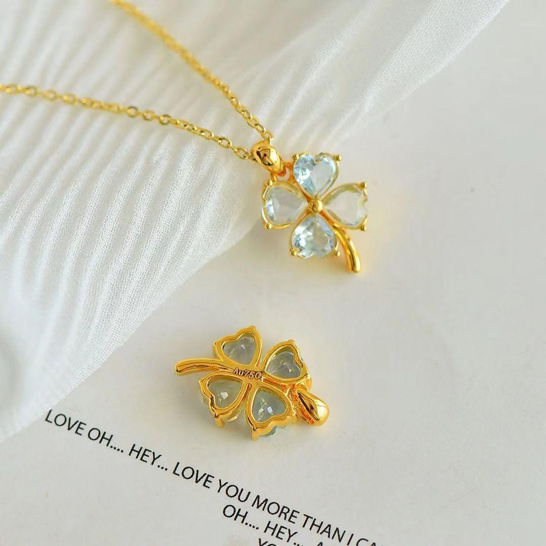 Cadena Eslabones Oro Amarillo 18k Colgante Trebol 4 Hojas Aquamarina-2