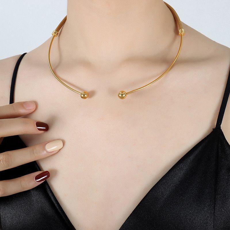 Collar Baño Oro 18k Tiara Rígida Malla Pelotas-3
