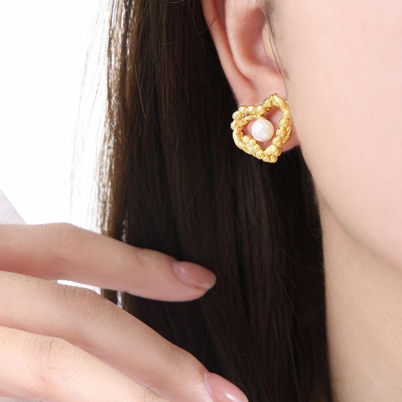 Aros Baño Oro 18k Corazón Perla-2