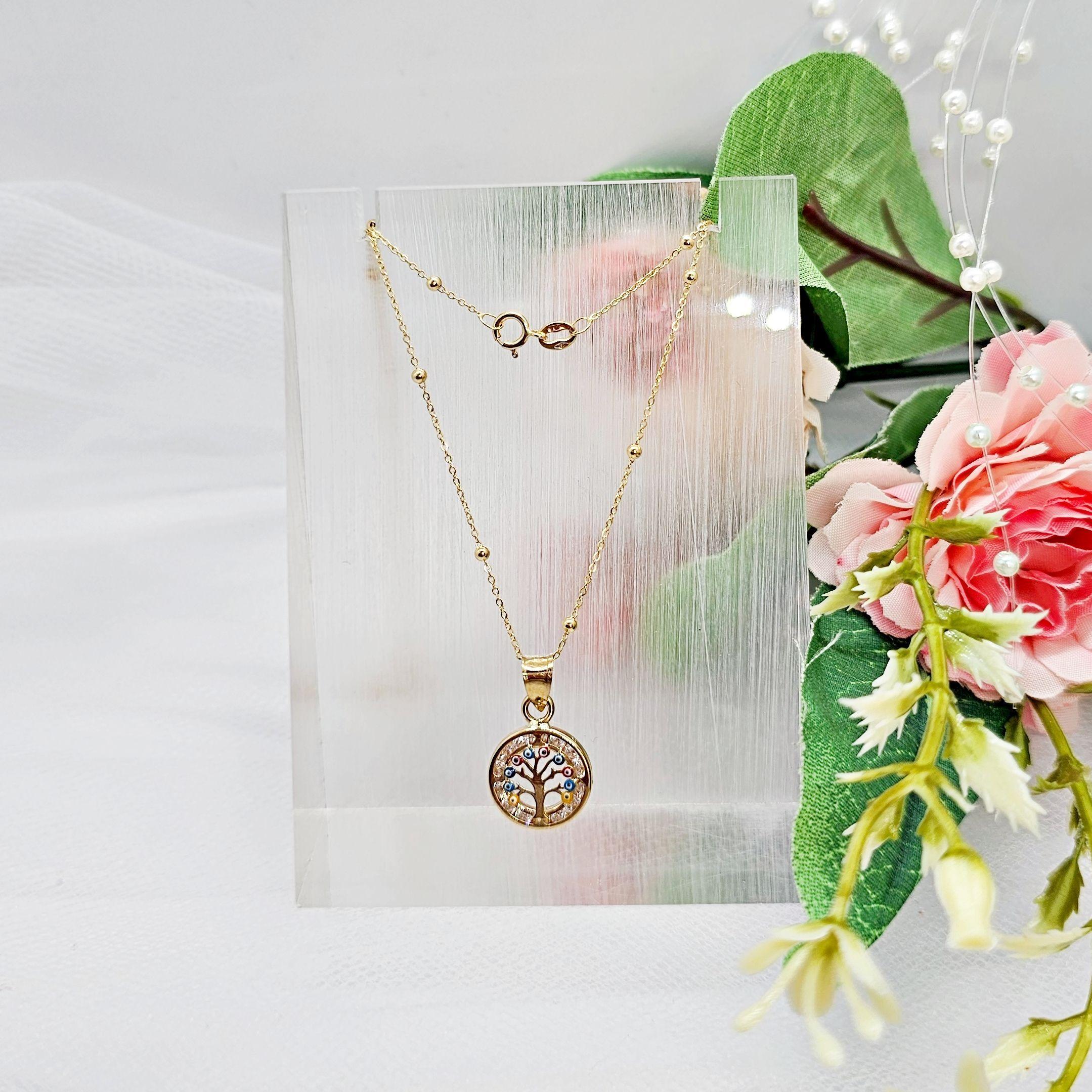 Cadena Pelotitas Colgante Árbol De La Vida Ojos Turcos Colores Oro Au750 - 18k Italiano-1