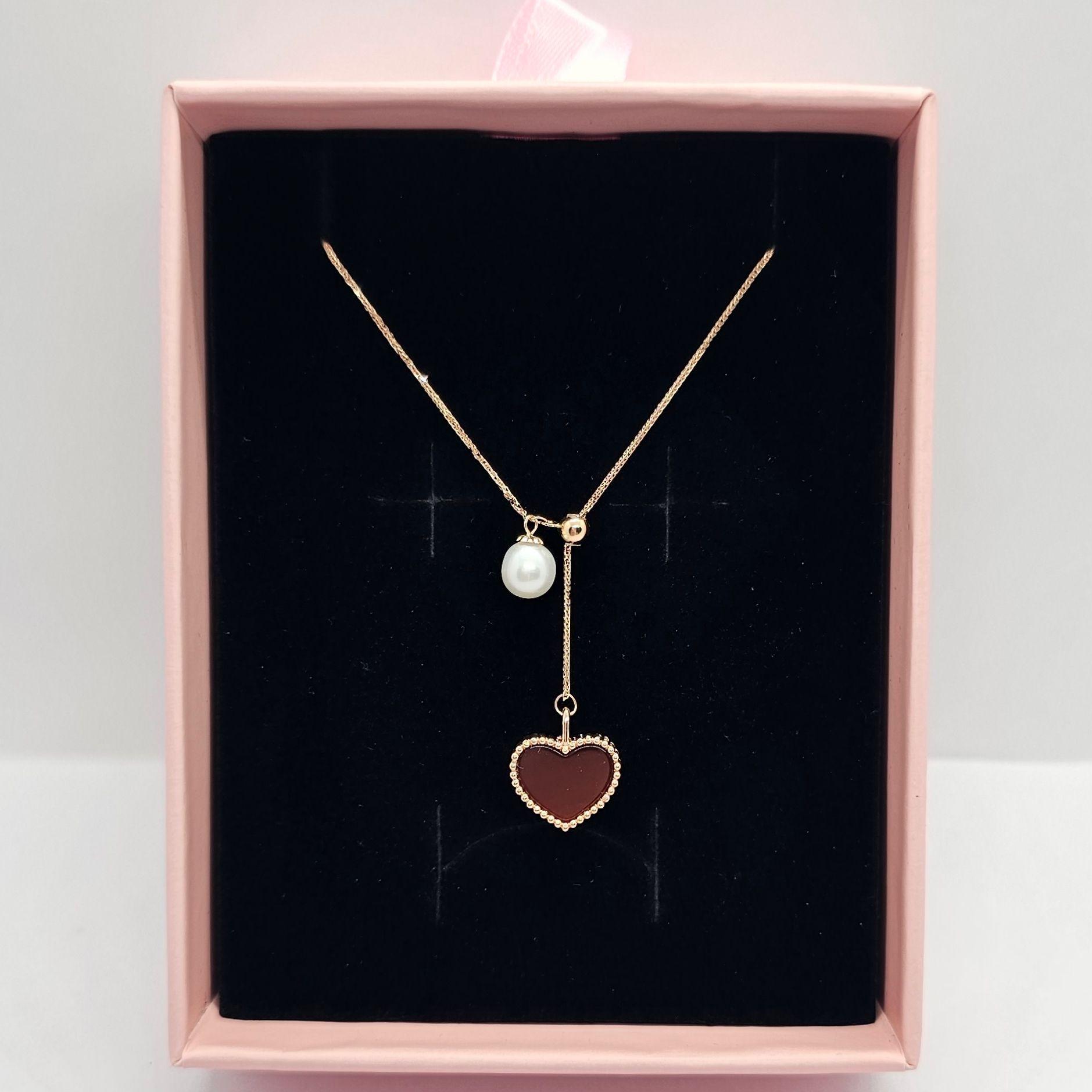 CADENA TEJIDA ORO ROSADO 18K CORAZÓN ÁGATA PROTECCIÓN PERLA AJUSTABLE-3