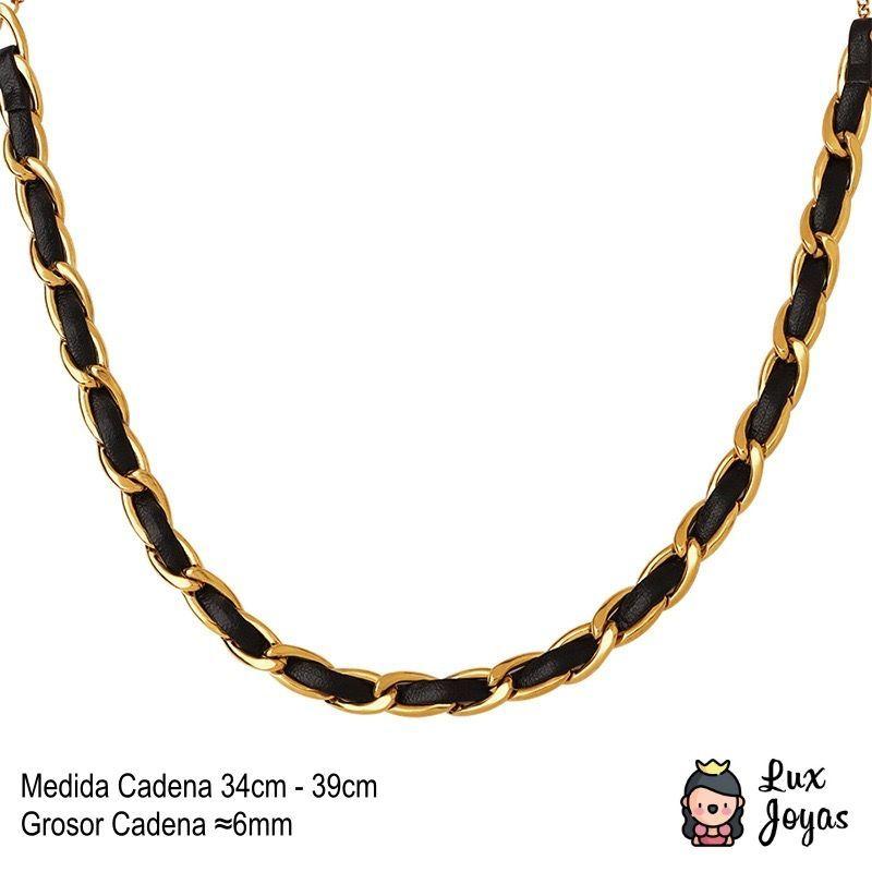 Collar Baño Oro 18k Choker Cadena Cuero Negro-4
