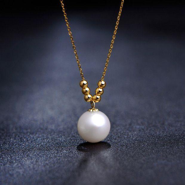 CADENA ESLABONES ORO AMARILLO 18K PELOTITAS PERLA DE RÍO-3