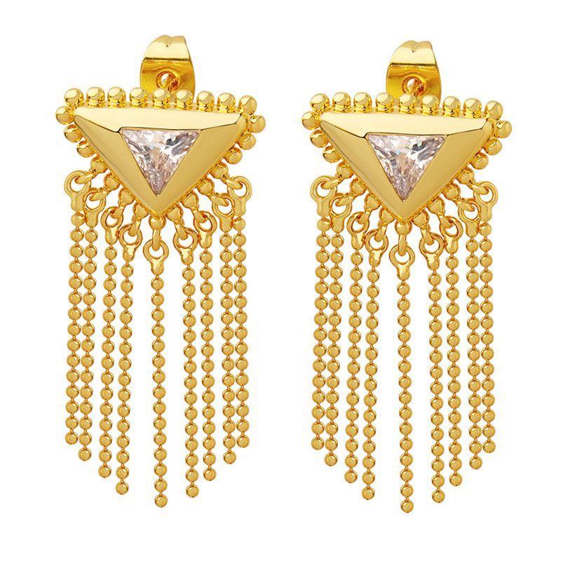 Aros Baño Oro 18k Largos Triángulo Cadena -0