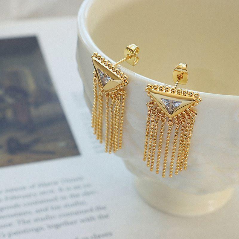 Aros Baño Oro 18k Largos Triángulo Cadena -1