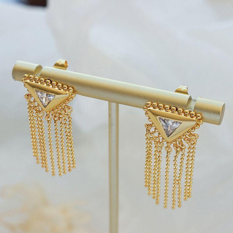 Aros Baño Oro 18k Largos Triángulo Cadena -2