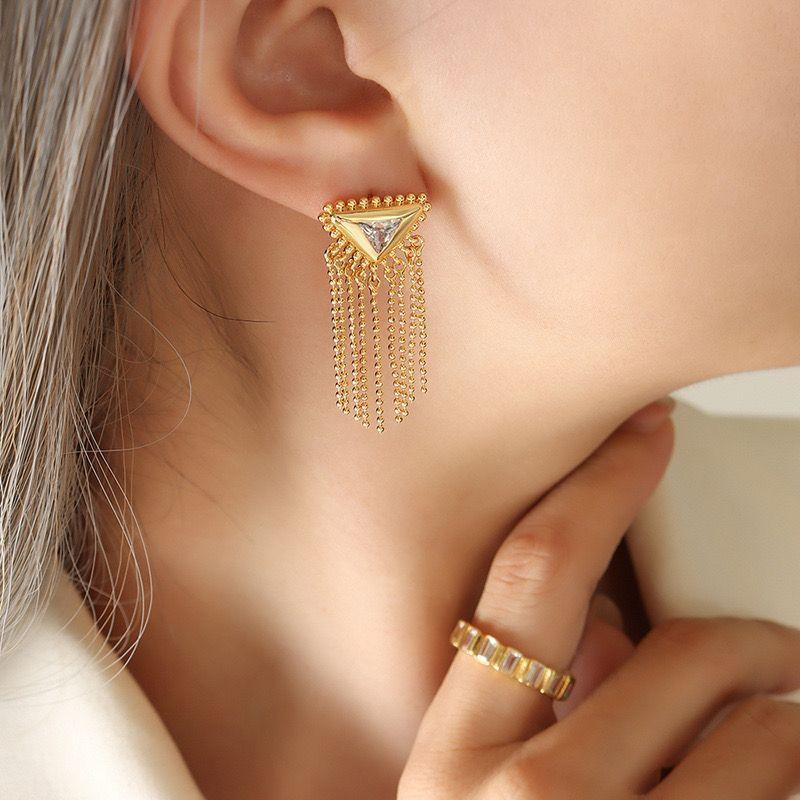 Aros Baño Oro 18k Largos Triángulo Cadena -3