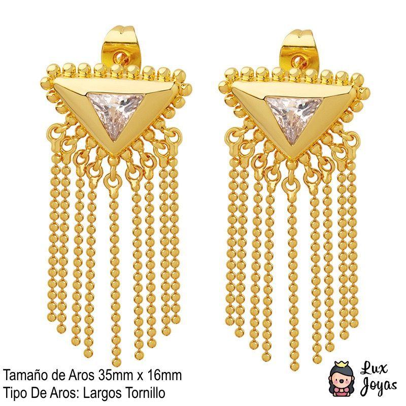 Aros Baño Oro 18k Largos Triángulo Cadena -4
