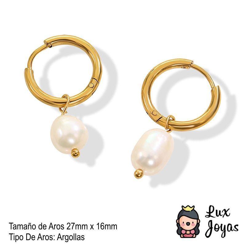 Aros Baño Oro Amarillo 18k Argollas Perla Agua Dulce-3