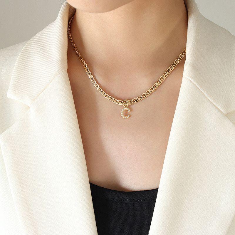 Collar Baño Oro 18k Letra Inicial C Brillitos Tejido Dragón-2