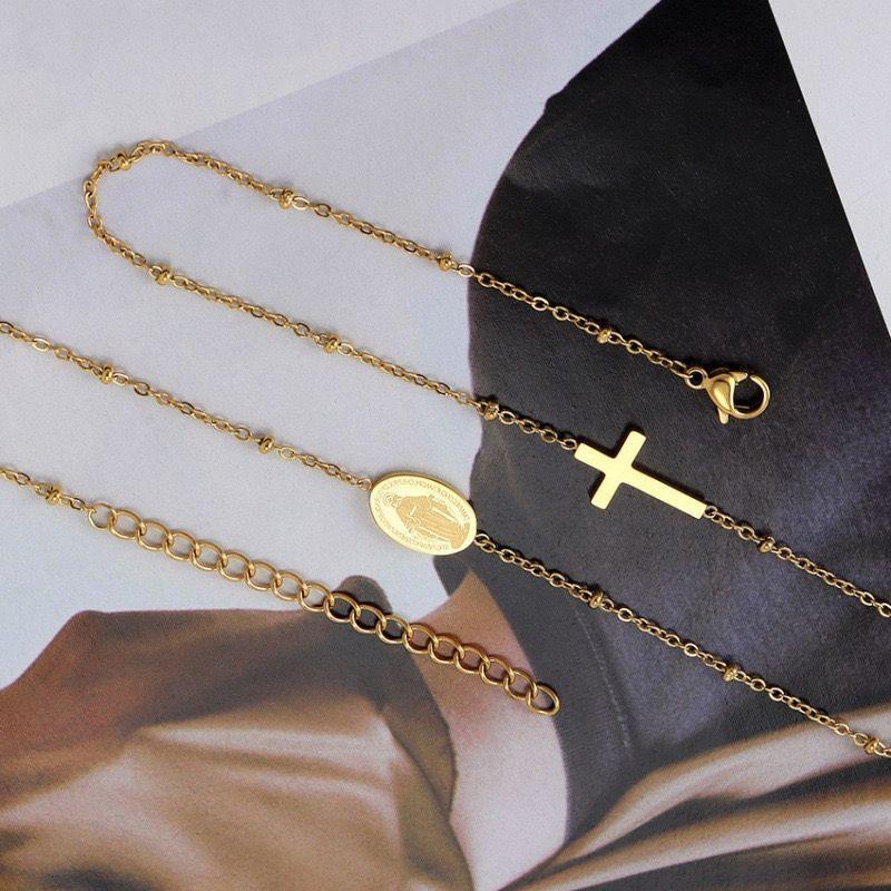 Collar Baño Oro Amarillo 18k Pelotitas Cruz Virgen Rayos-2