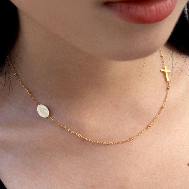 Collar Baño Oro Amarillo 18k Pelotitas Cruz Virgen Rayos-3