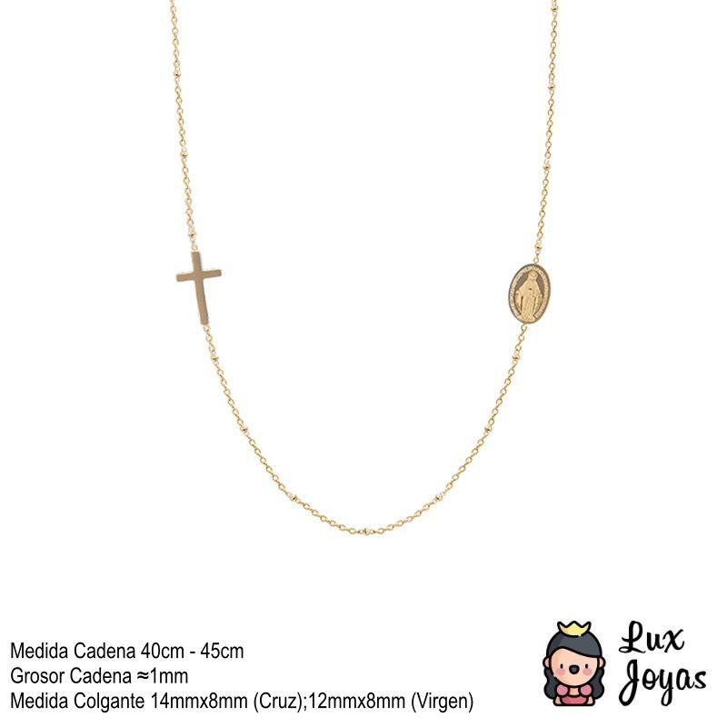 Collar Baño Oro Amarillo 18k Pelotitas Cruz Virgen Rayos-4