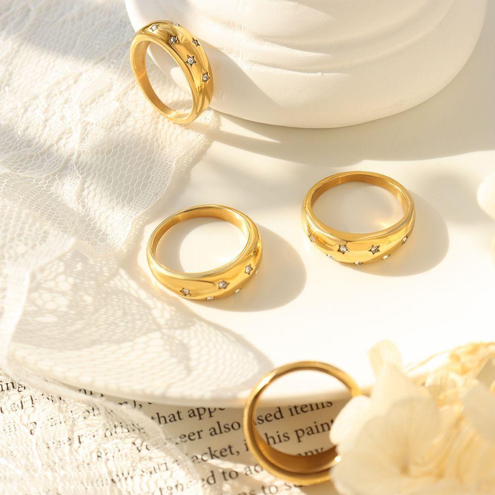 Anillo Baño Oro Amarillo 18k Cintillo Estrellas Circón Talla 16-2