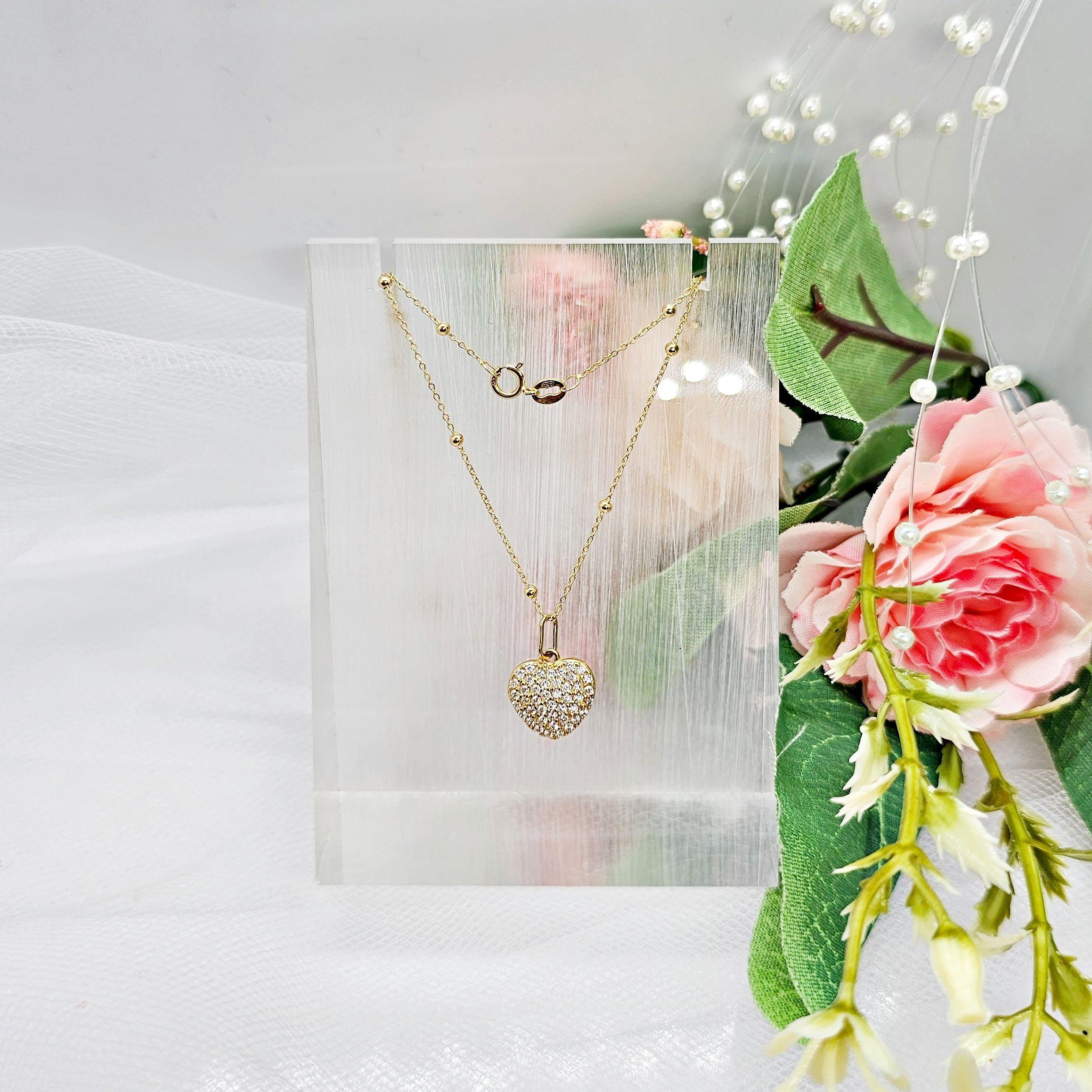 Cadena Pelotitas Colgante Corazón Full Brillitos Oro Au750 - 18k Italiano-1