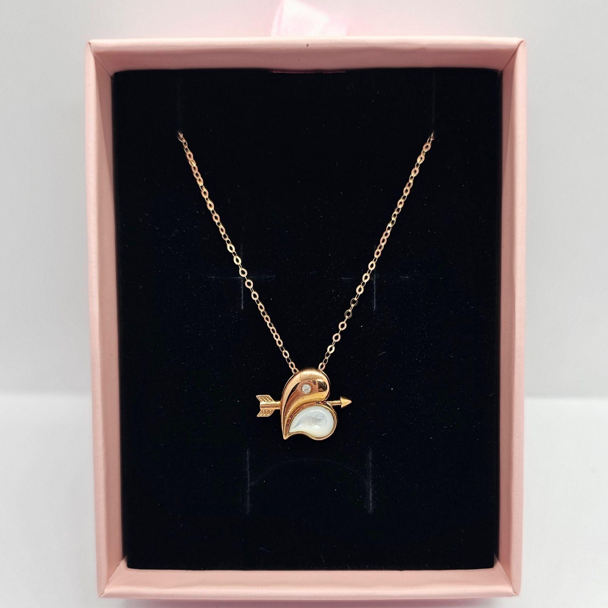 Cadena Eslabones Oro Rosado 18k Colgante Corazon Nácar Flecha Diamante 1 Punto-4
