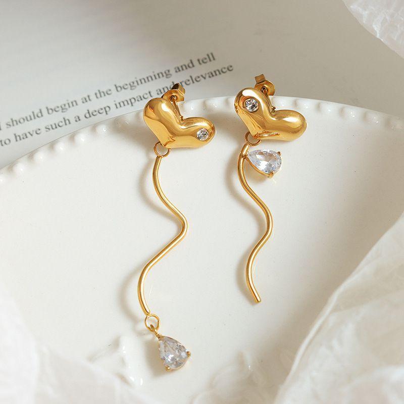 Aros Baño Oro Amarillo 18k Corazón Circón Desigual-2