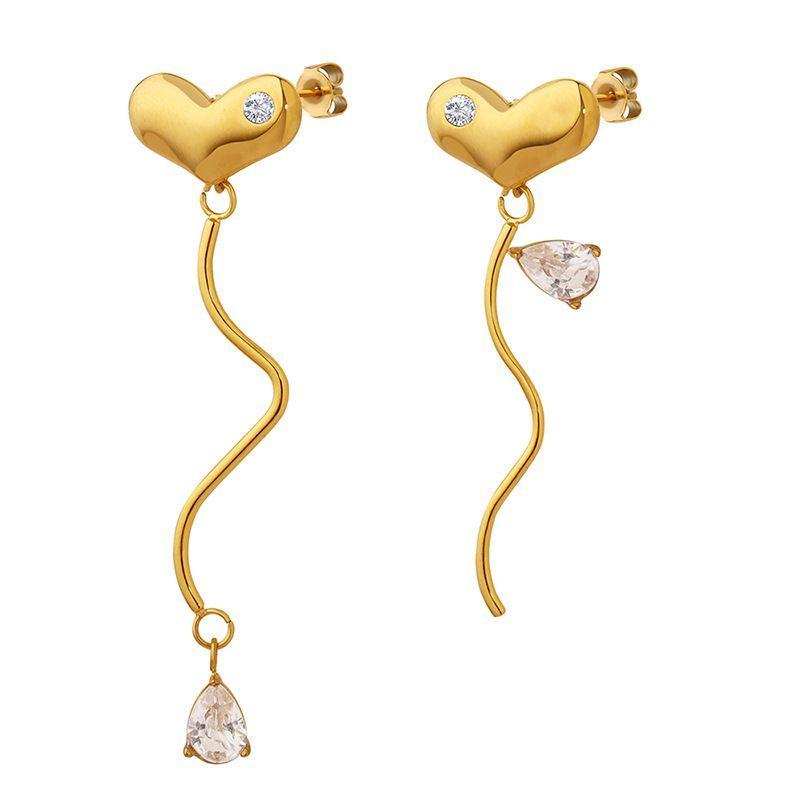 Aros Baño Oro Amarillo 18k Corazón Circón Desigual-0