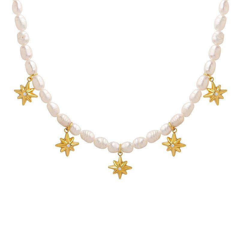 Collar Baño De Oro Amarillo 18k Perlas Agua Dulce Estrella Madi-0