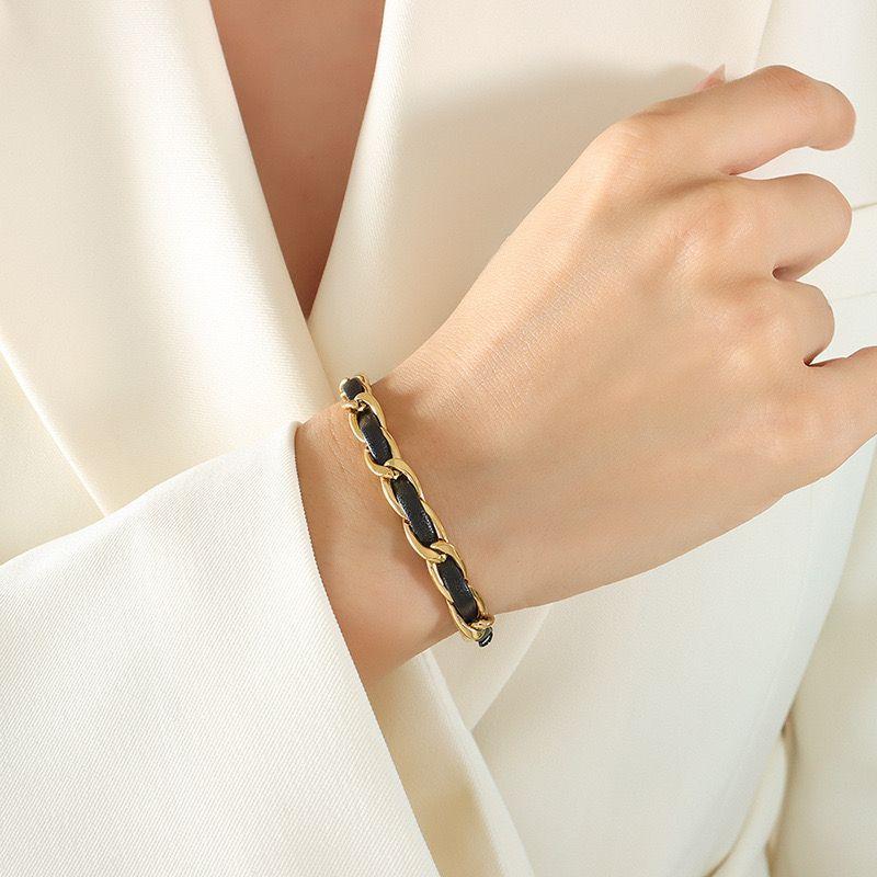 Pulsera Baño Oro 18k Cadena Cuero Negro-2