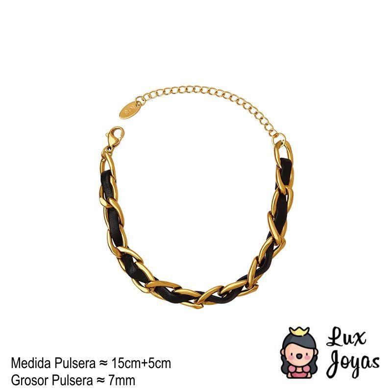 Pulsera Baño Oro 18k Cadena Cuero Negro-4