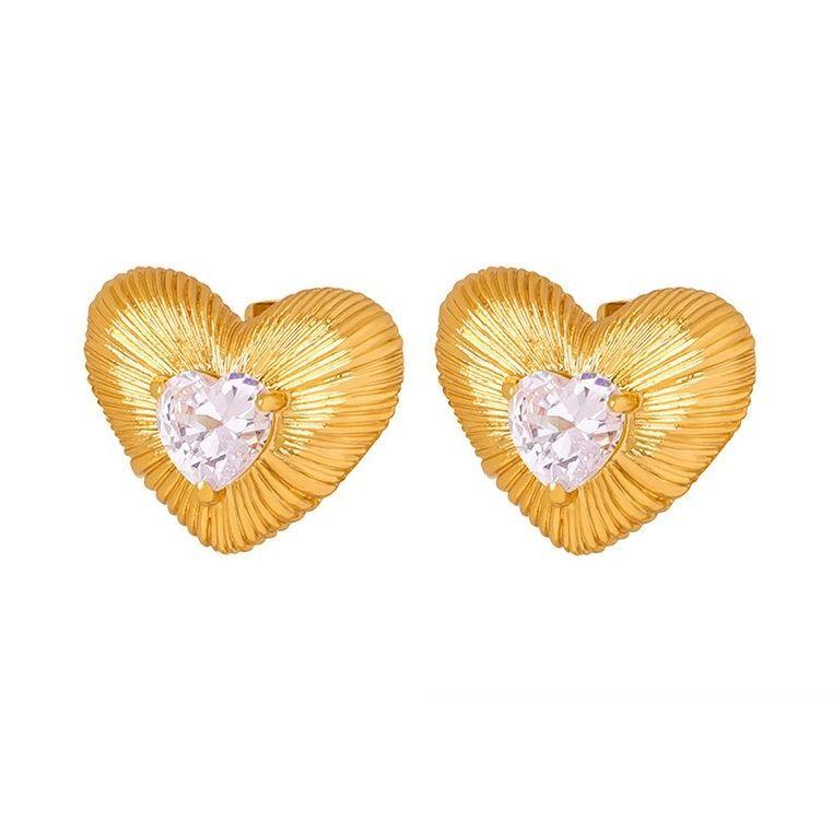 Aros Baño Oro 18k Corazón Cepillado Circón-0