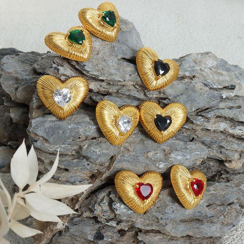 Aros Baño Oro 18k Corazón Cepillado Circón-1