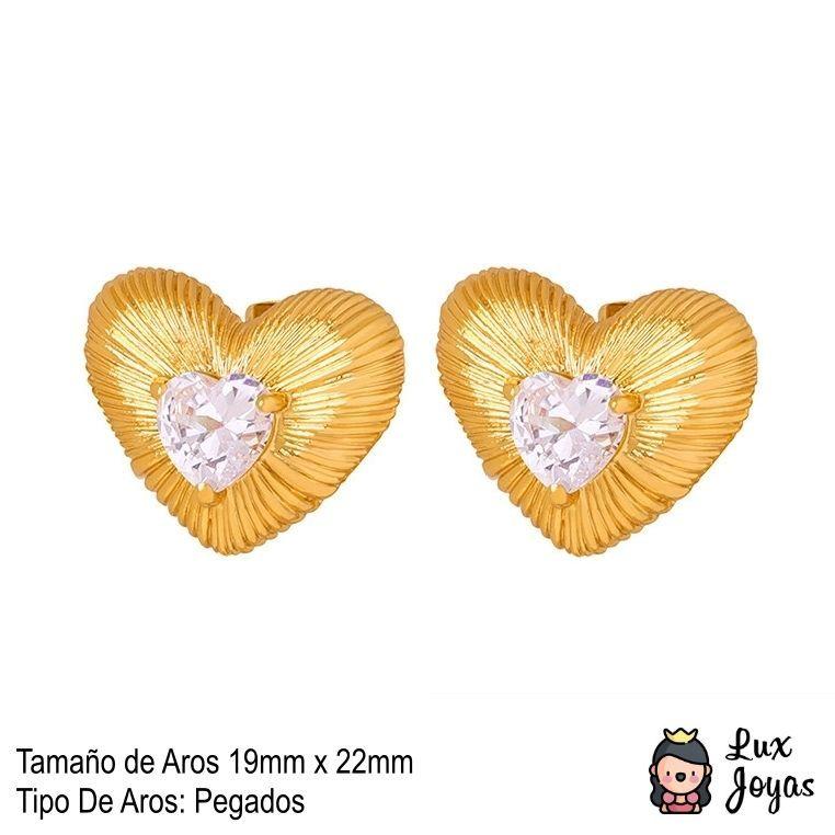 Aros Baño Oro 18k Corazón Cepillado Circón-4