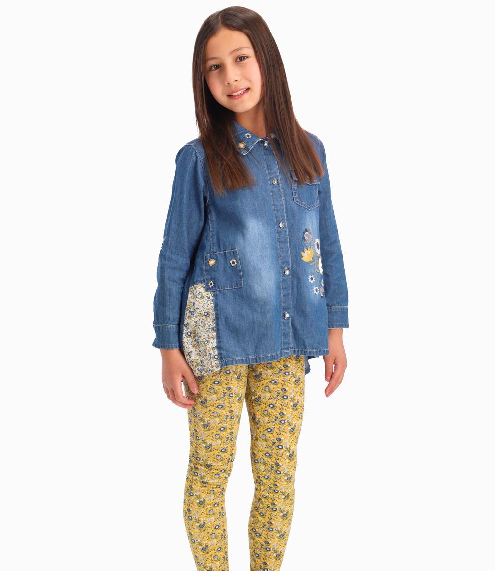 Conjunto Blusa y Calza Floreada Niña Denim Azul Limonada-0