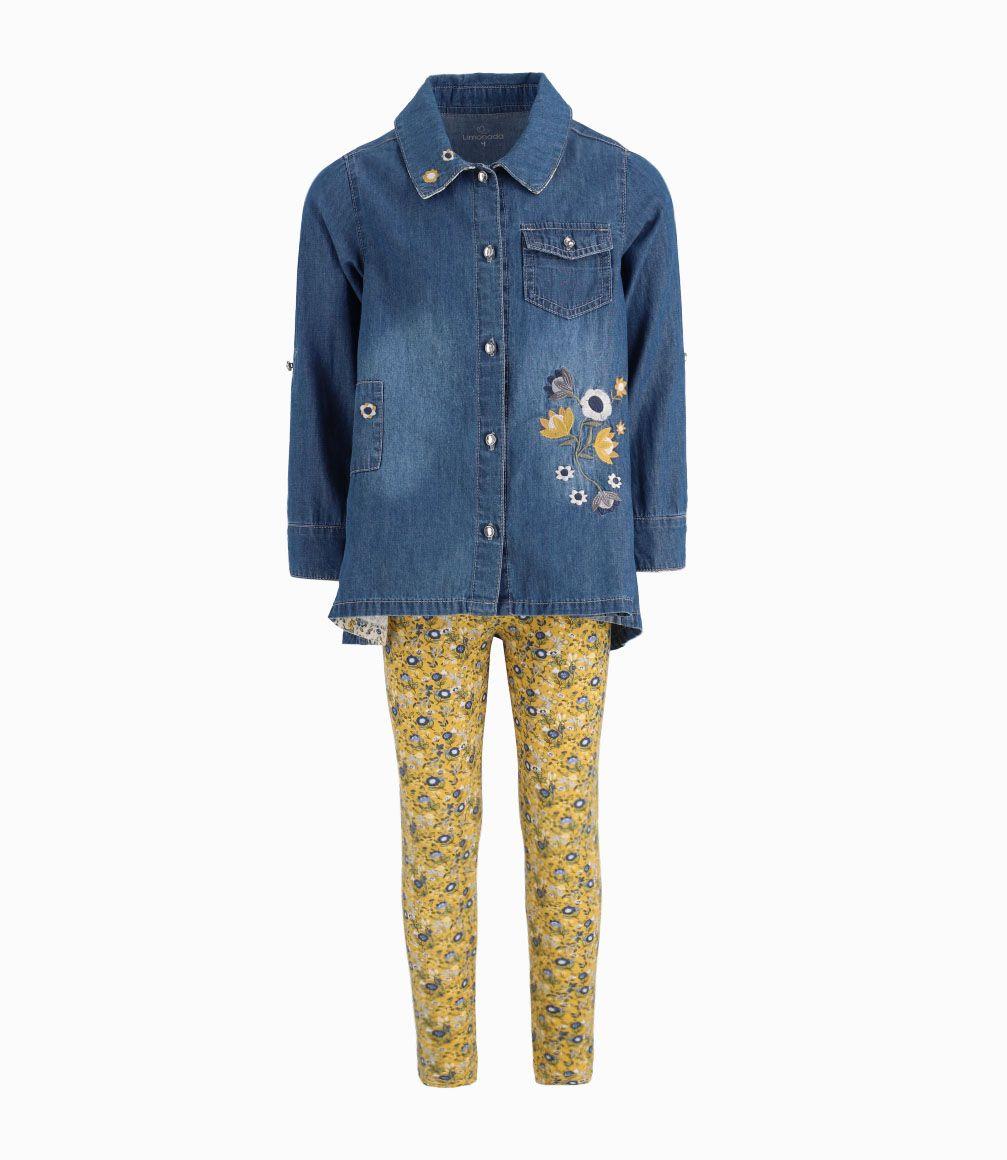 Conjunto Blusa y Calza Floreada Niña Denim Azul Limonada-1