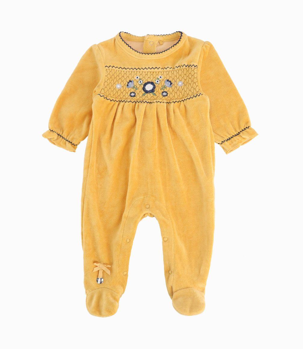 Enterito Con Flores Bordadas Recién Nacida Mostaza Limonada-0