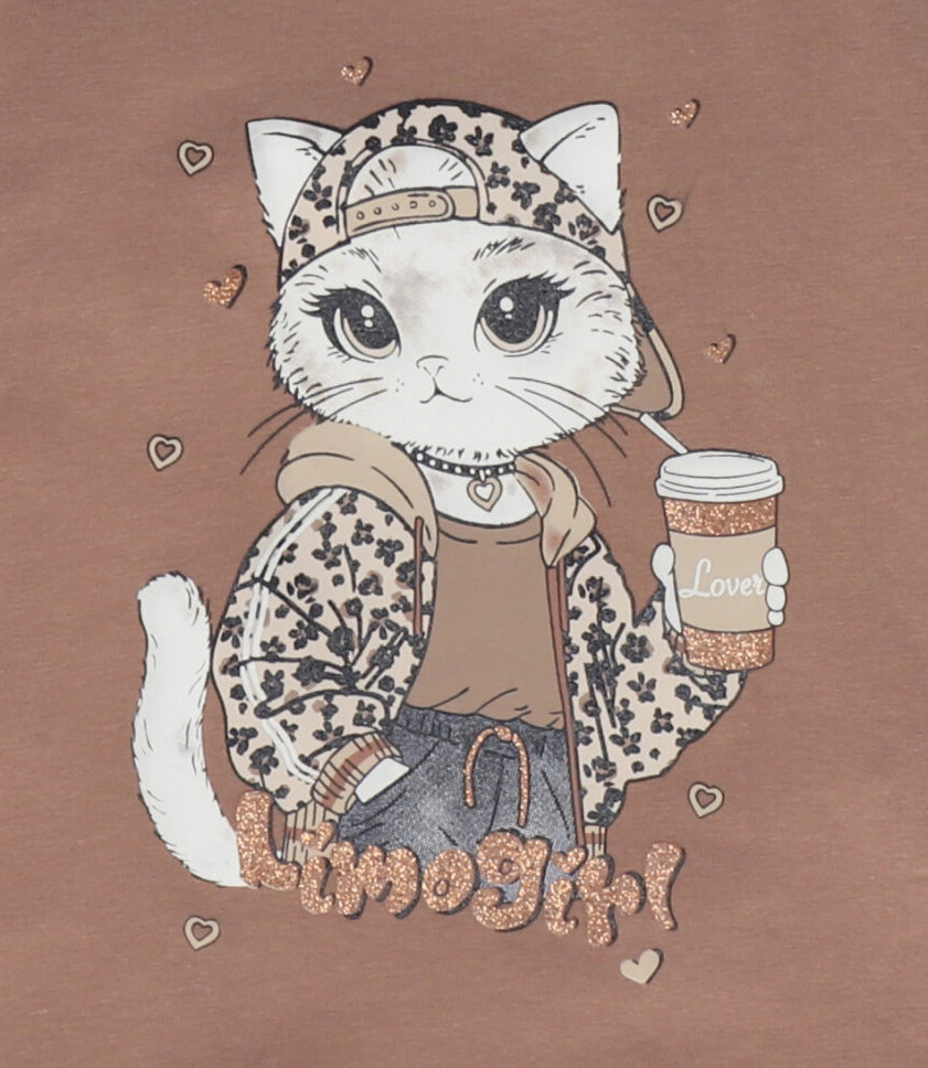 Polera manga larga niña con gato camel Limonada-3