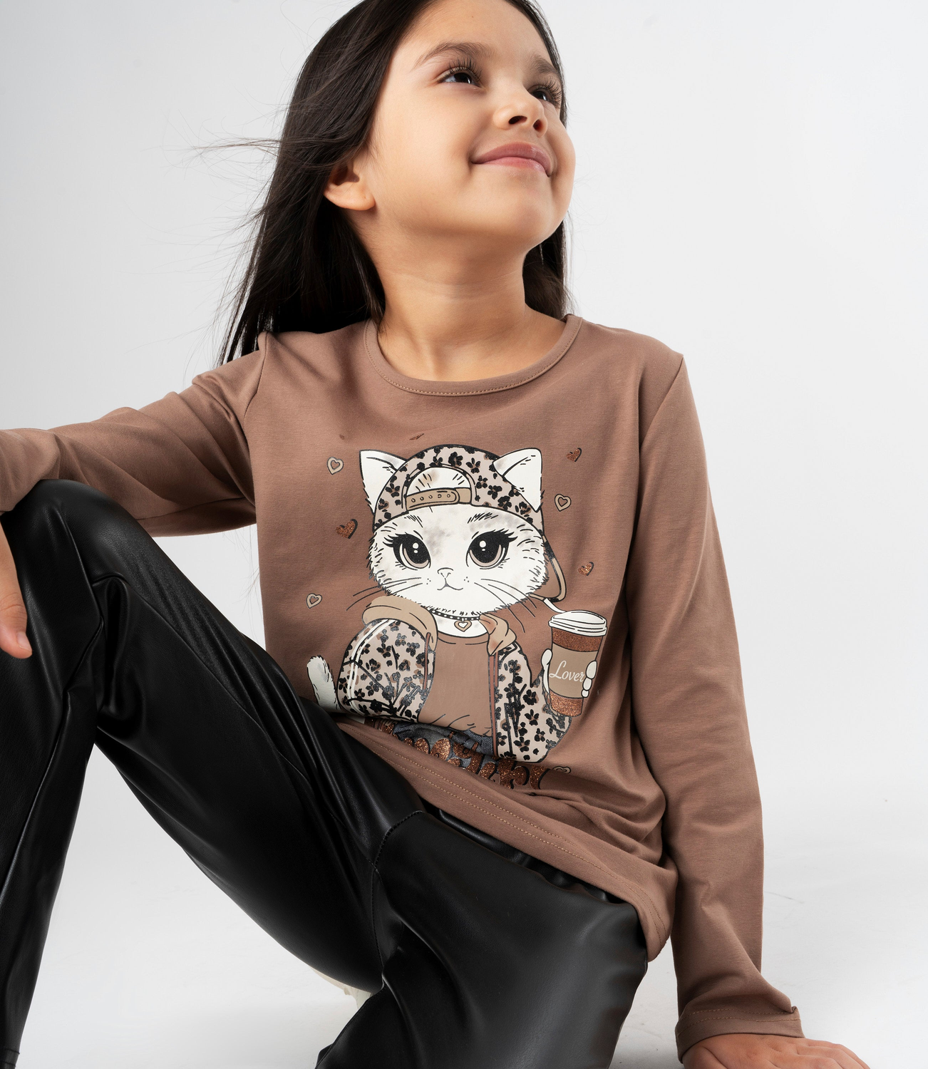 Polera manga larga niña con gato camel Limonada-4