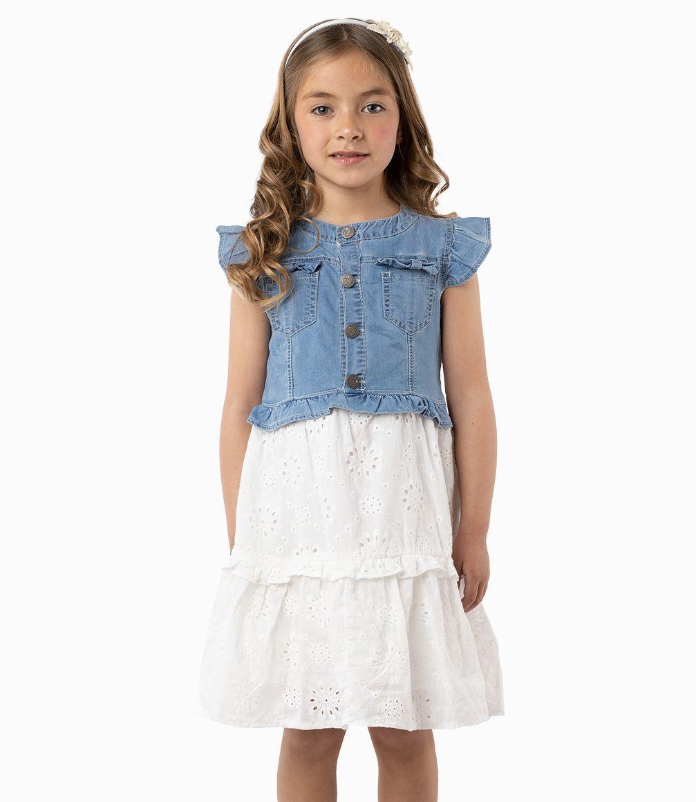 Vestido Con Popelín Bordado Niña Denim Celeste Limonada-0