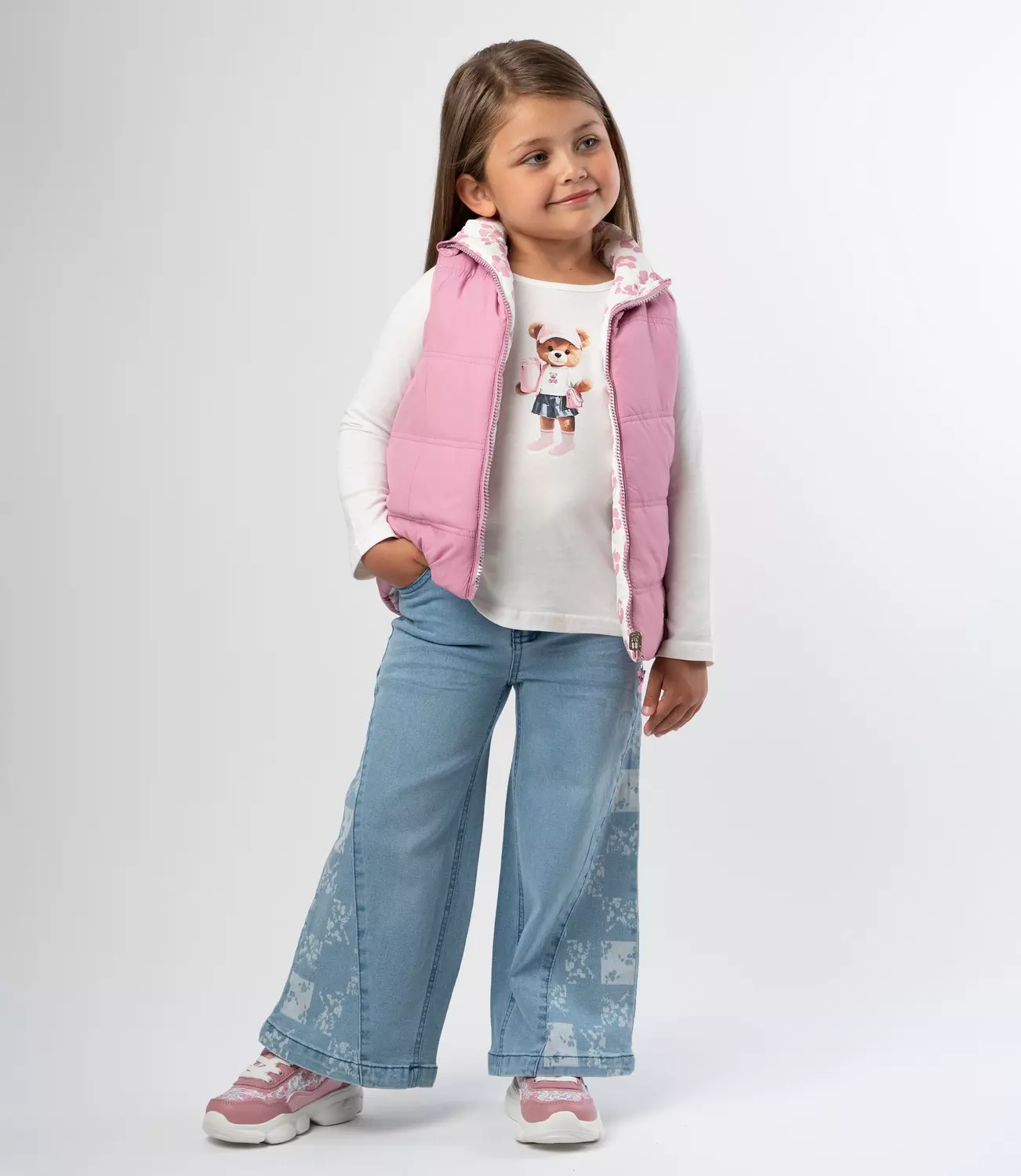 Jeans niña con flores y brillos denim celeste Limonada-0