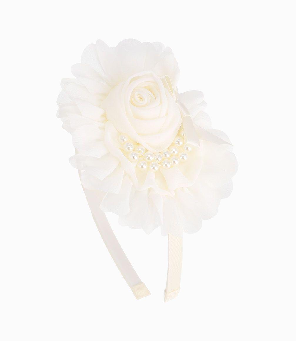 Cintillo Rígido Con Flor y Perlas Niña Crudo Limonada-1