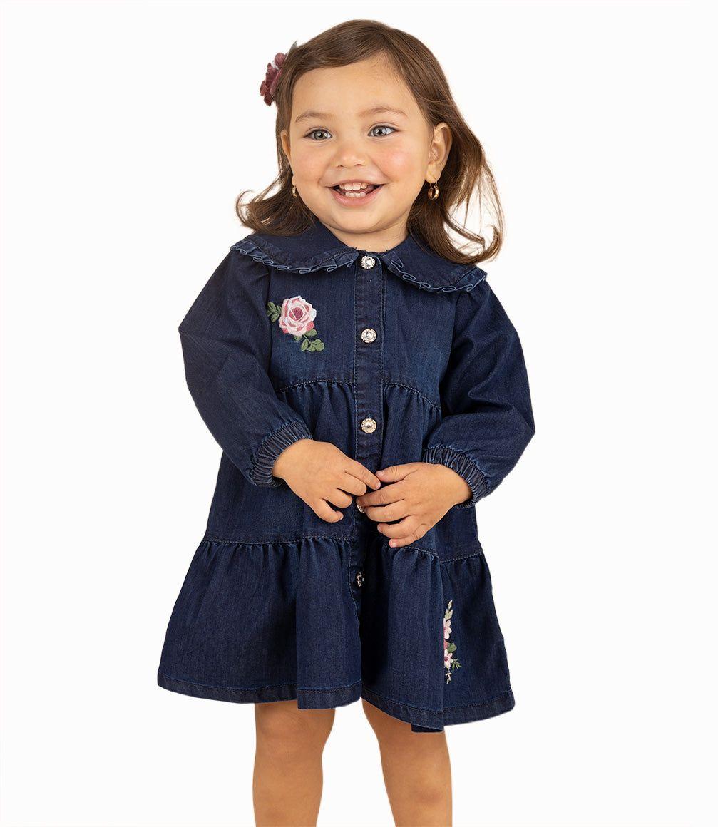 Vestido Bebé Niña Con Bordado Denim Azul-2