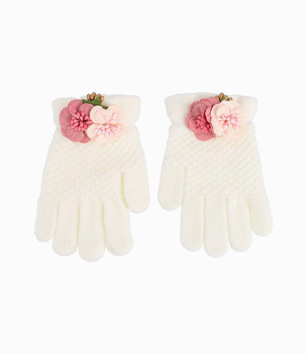 Guantes Niña Con Flores Crudo-1