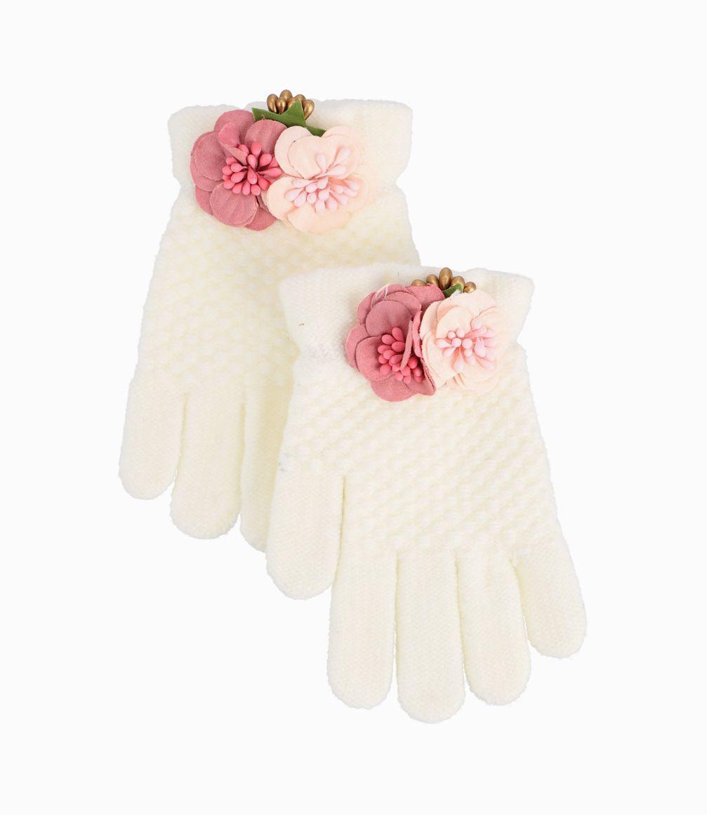 Guantes Niña Con Flores Crudo-0