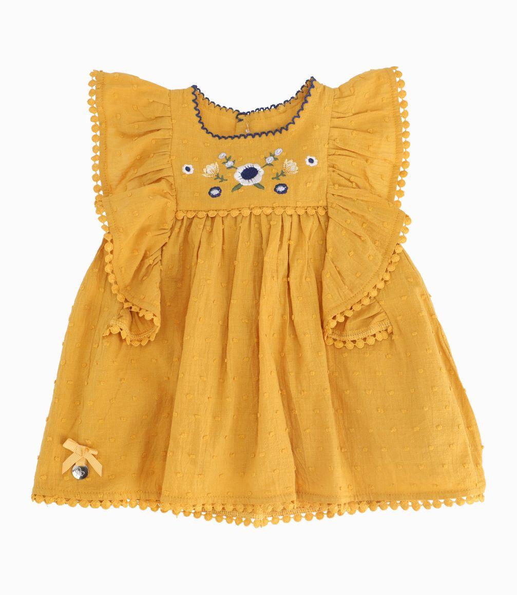Vestido Con Macramé Recién Nacida Algodón Mostaza Limonada-0
