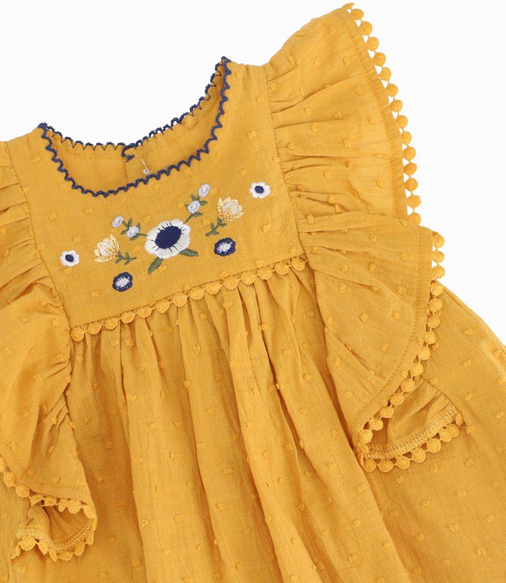 Vestido Con Macramé Recién Nacida Algodón Mostaza Limonada-1