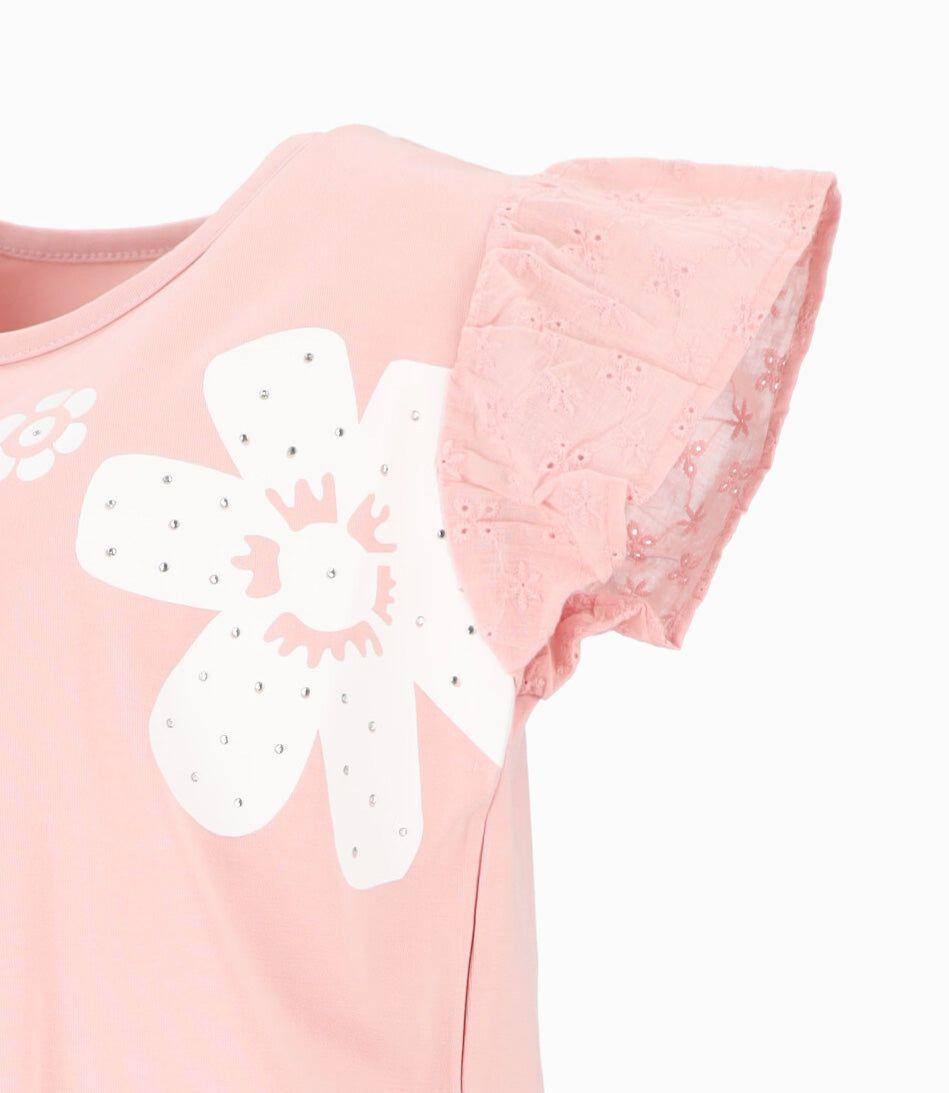 Polera manga corta niña con vuelos rosado Limonada-2