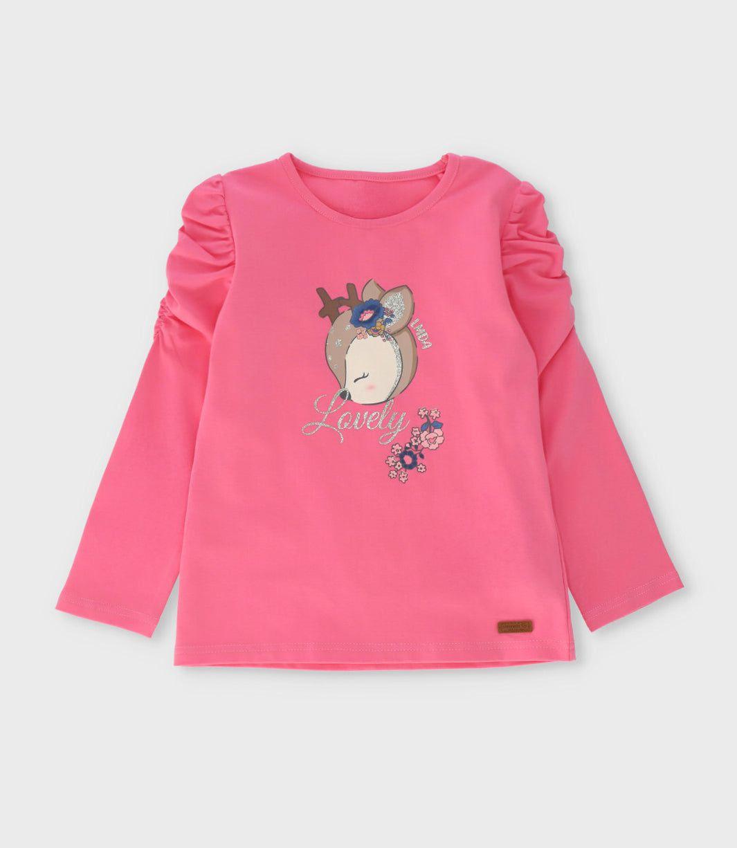 Polera manga larga niña con ciervo coral Limonada-0