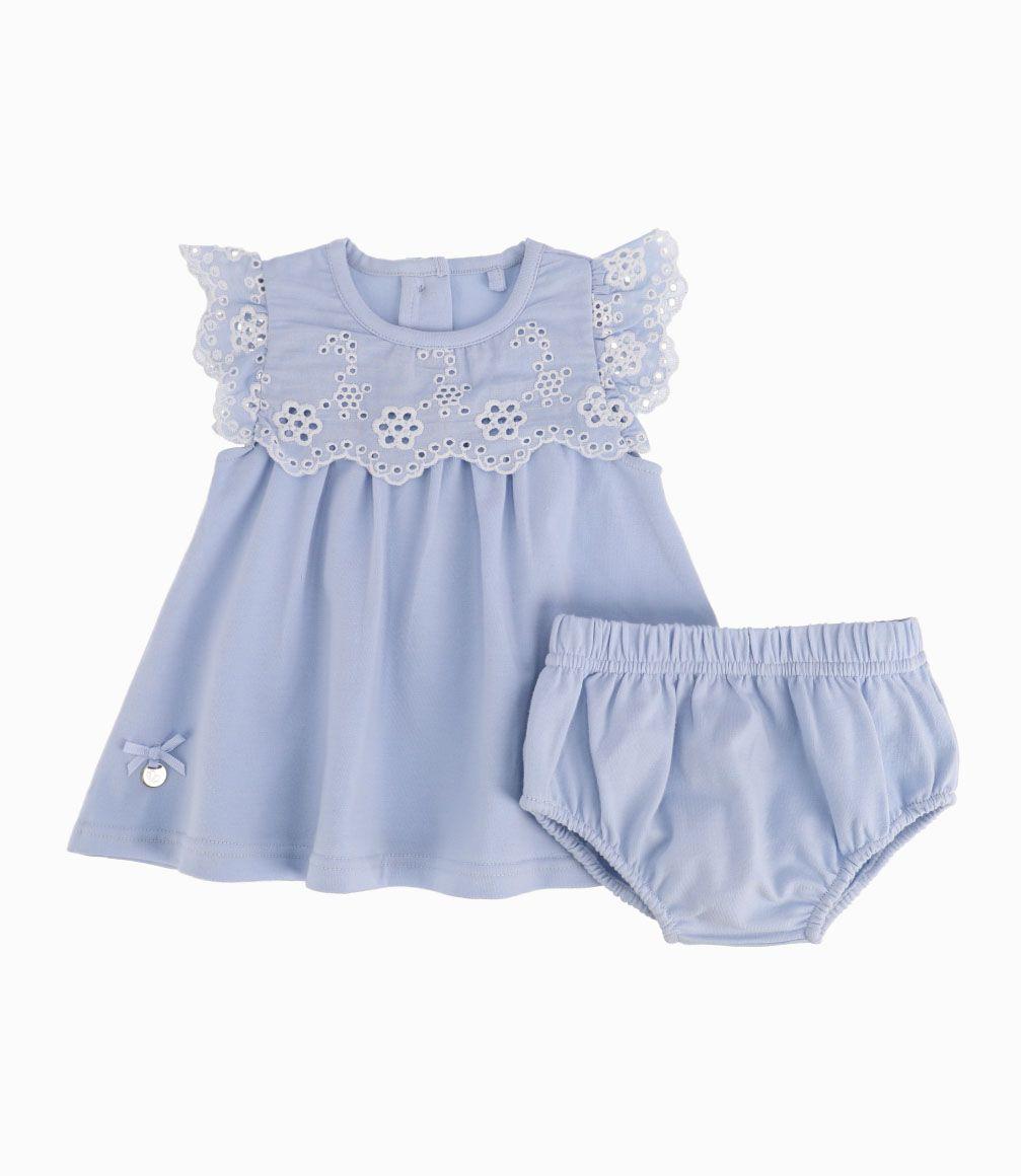 Vestido Pecho Bordado Recién Nacida Celeste Limonada-0