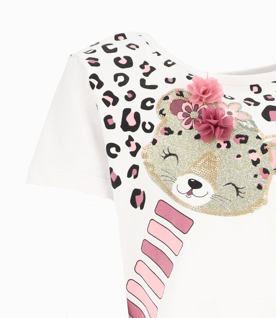 Polera manga corta niña con leopardo blanco Limonada-2