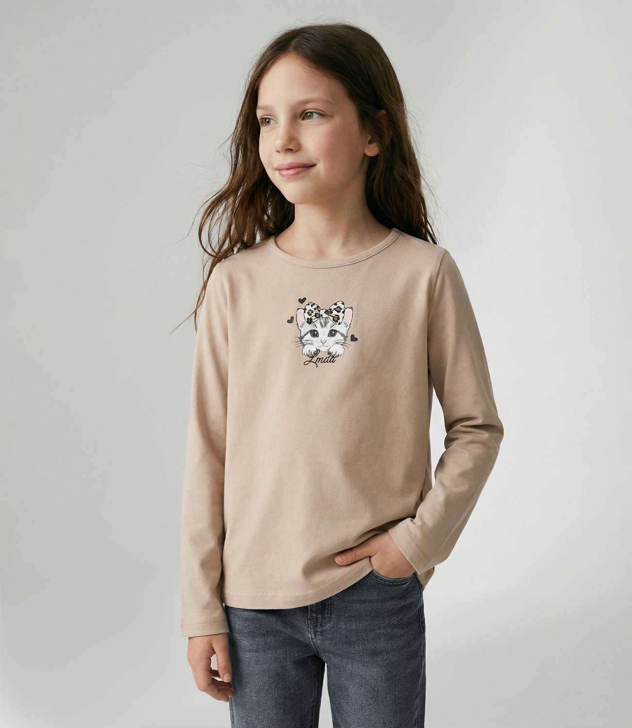 Polera manga larga niña con gato beige Limonada-0