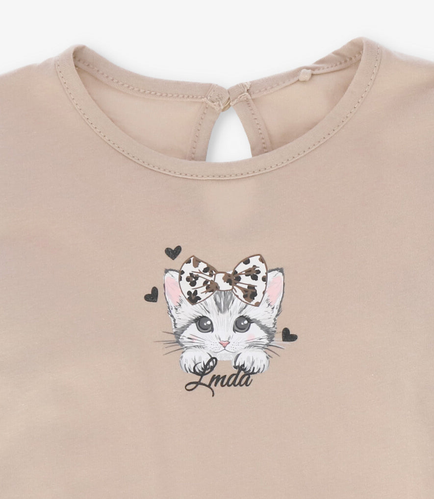 Polera manga larga niña con gato beige Limonada-3