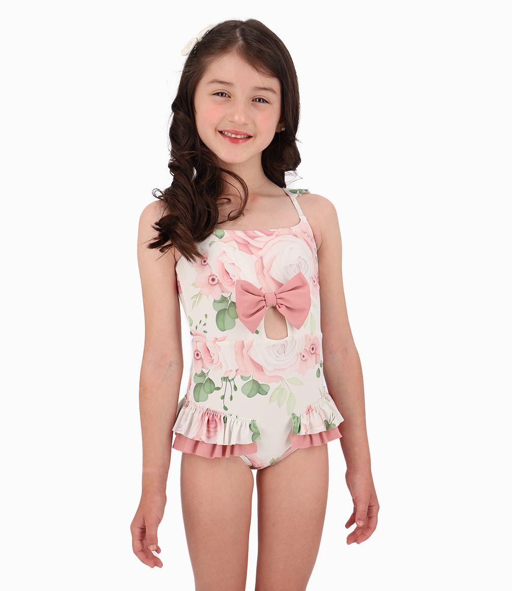 Traje de baño Niña Con Vuelos y Lazo Limonada Palo Rosa-0